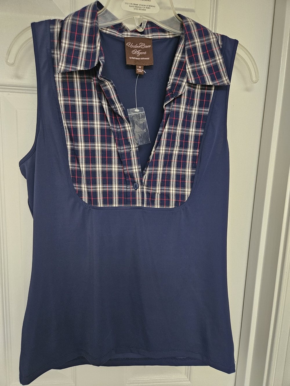 Undercover Agent Navy Sleeveless Plaid-Trim Polo Top